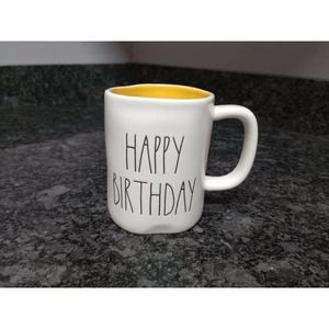 Rae Dunn By Magenta Mug Happy Birthday White w/ Yellow inside Blk letters 16 oz